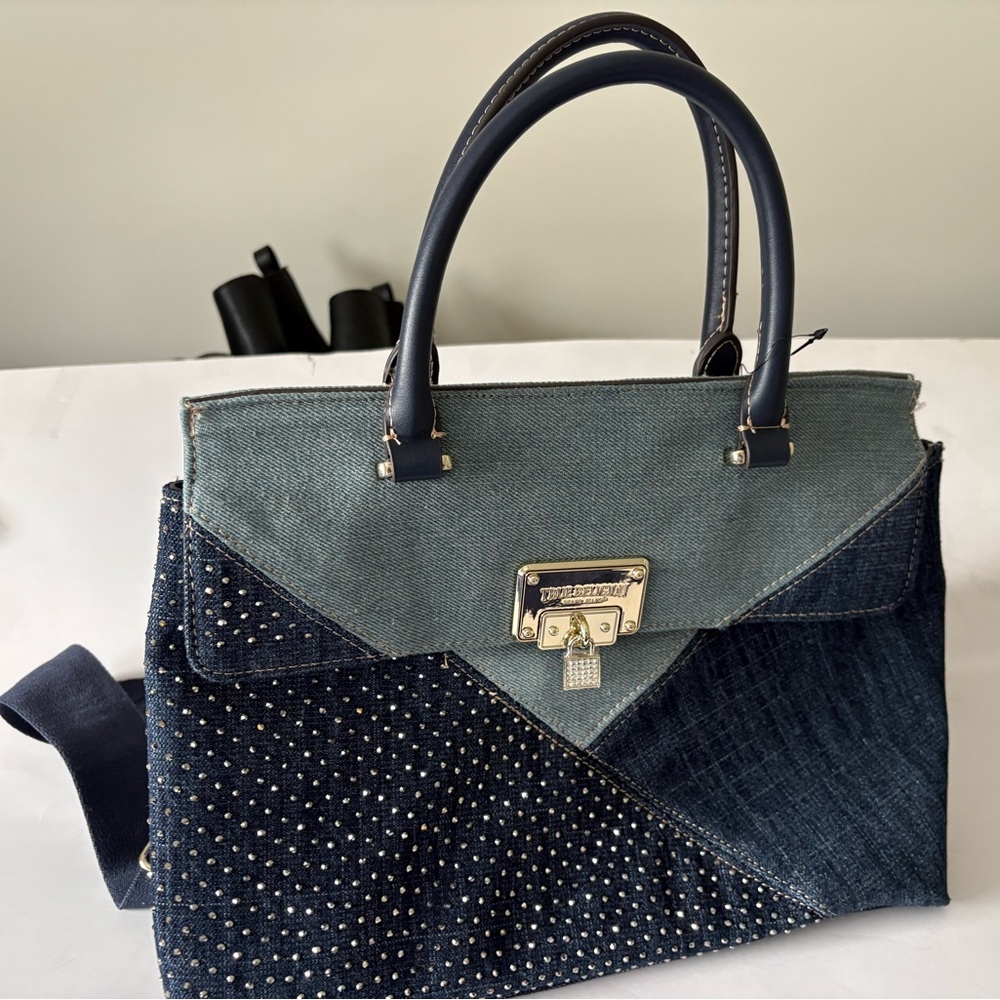True Religion Denim Patchwork Satchel with Navy Handles